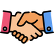 Handshake icon with pink and blue sleeves, symbolizing agreement or partnership