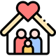 Family in a house icon with a pink heart roof and three people inside