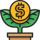 Green sprout with a gold coin bearing a dollar sign in a small pot