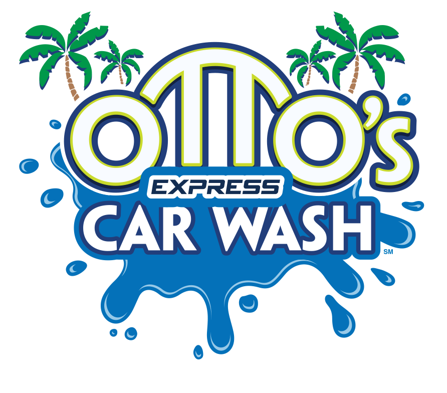 ​Otto's Express Car Wash logo with blue text, palm trees, and water splash. Proudly serving the Florida Panhandle.
