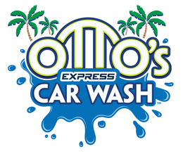 ​Otto's Express Car Wash logo with blue text, palm trees, and water splash. Proudly serving the Florida Panhandle.