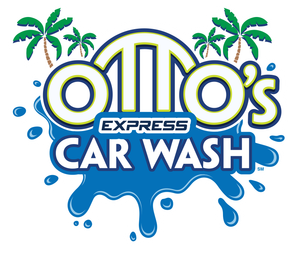 ​Otto's Express Car Wash logo with blue text, palm trees, and water splash. Proudly serving the Florida Panhandle.