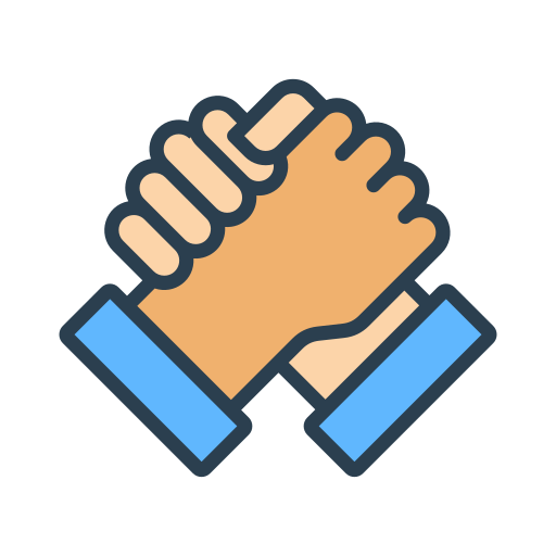 Two hands clasped in a handshake, outlined in dark blue with blue sleeves