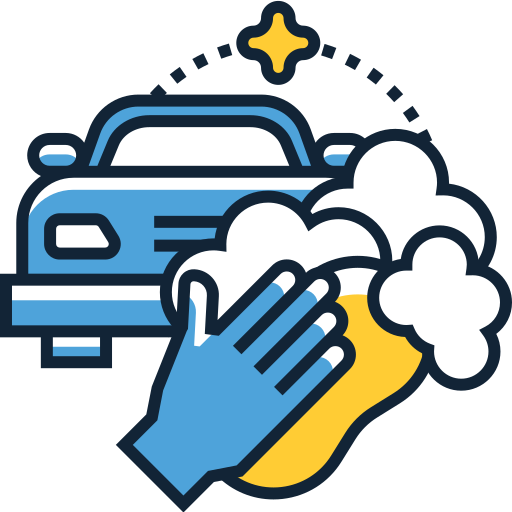 Blue car being washed with a gloved hand and white suds, with a sponge and sparkle icon above.