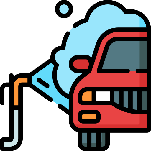 Red car at a gas pump with fuel nozzle, blue exhaust cloud, and a fuel icon above.
