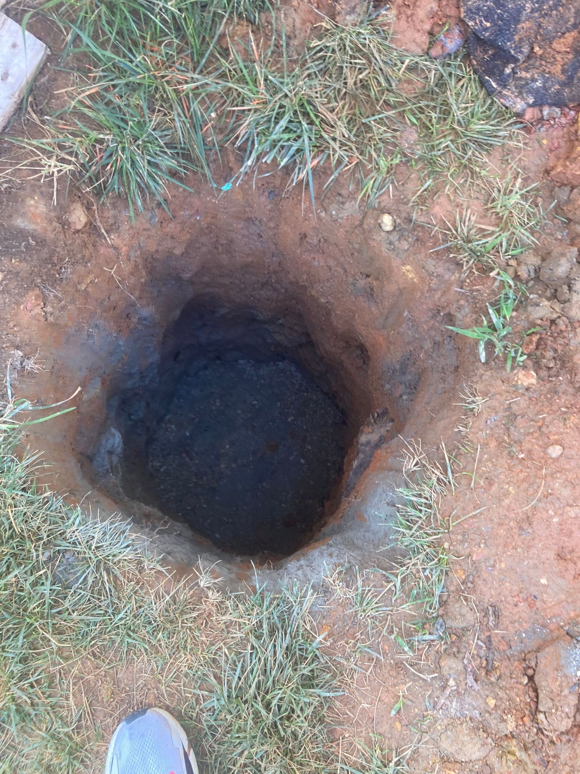 Hole dug in soil surrounded by grass and dirt. The dark hole suggests it is deep.