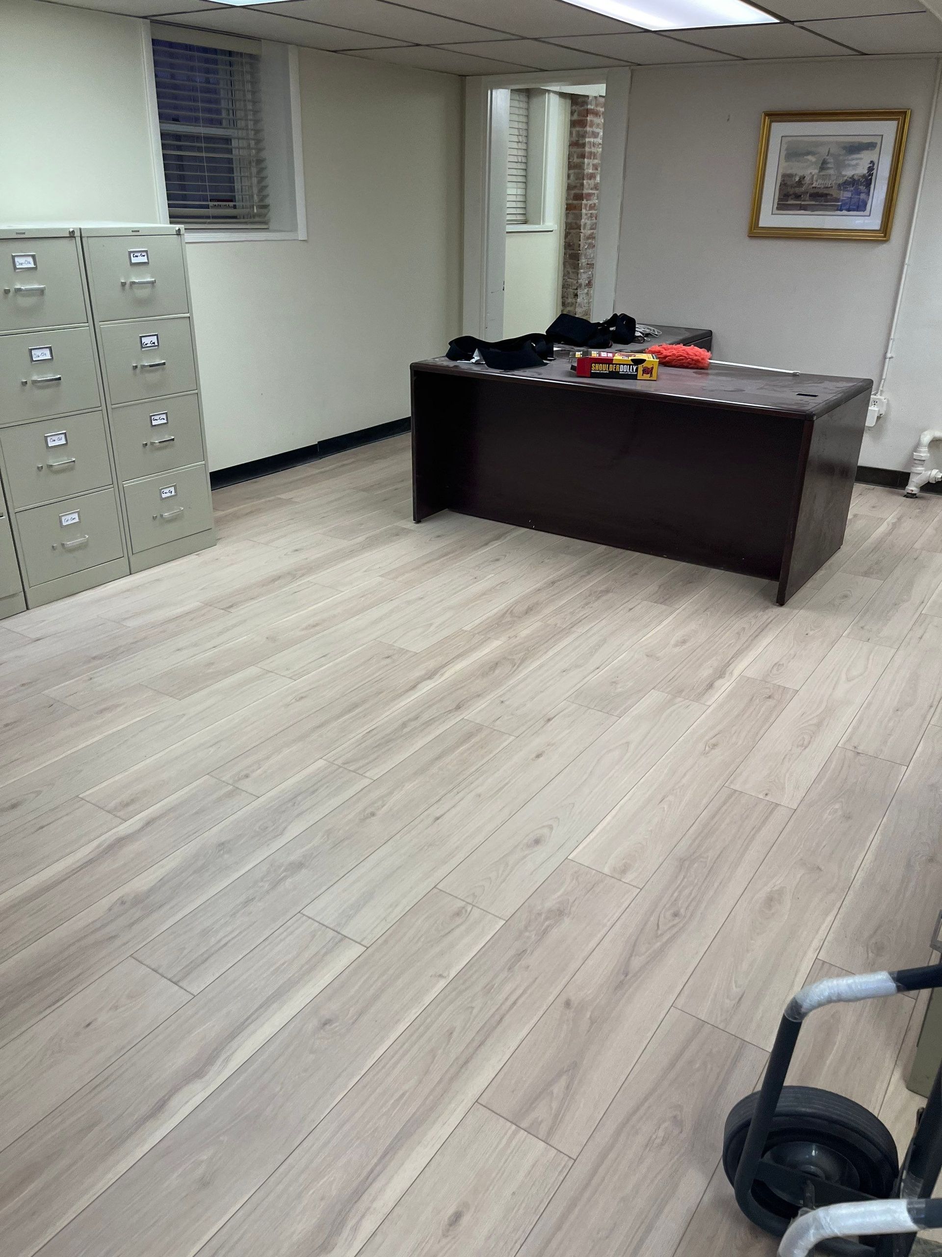 Office with light-colored wood-look flooring, dark desk, and file cabinets. A window and doorway are visible.