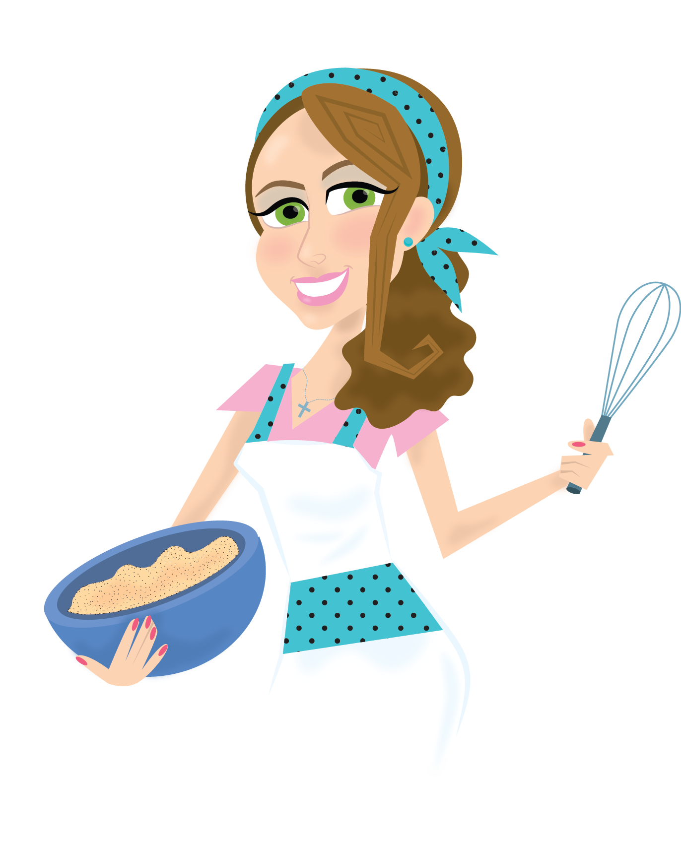 A woman is holding a whisk and a bowl of food