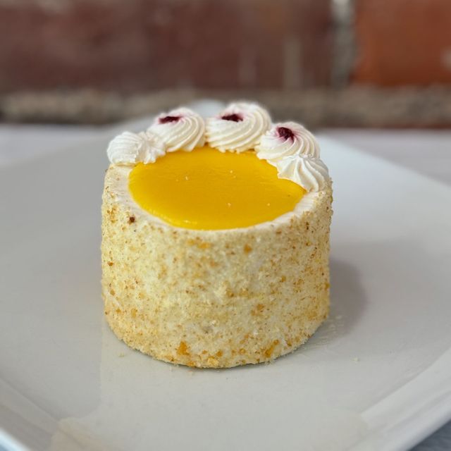A small cake with a yellow filling and whipped cream on a white plate.