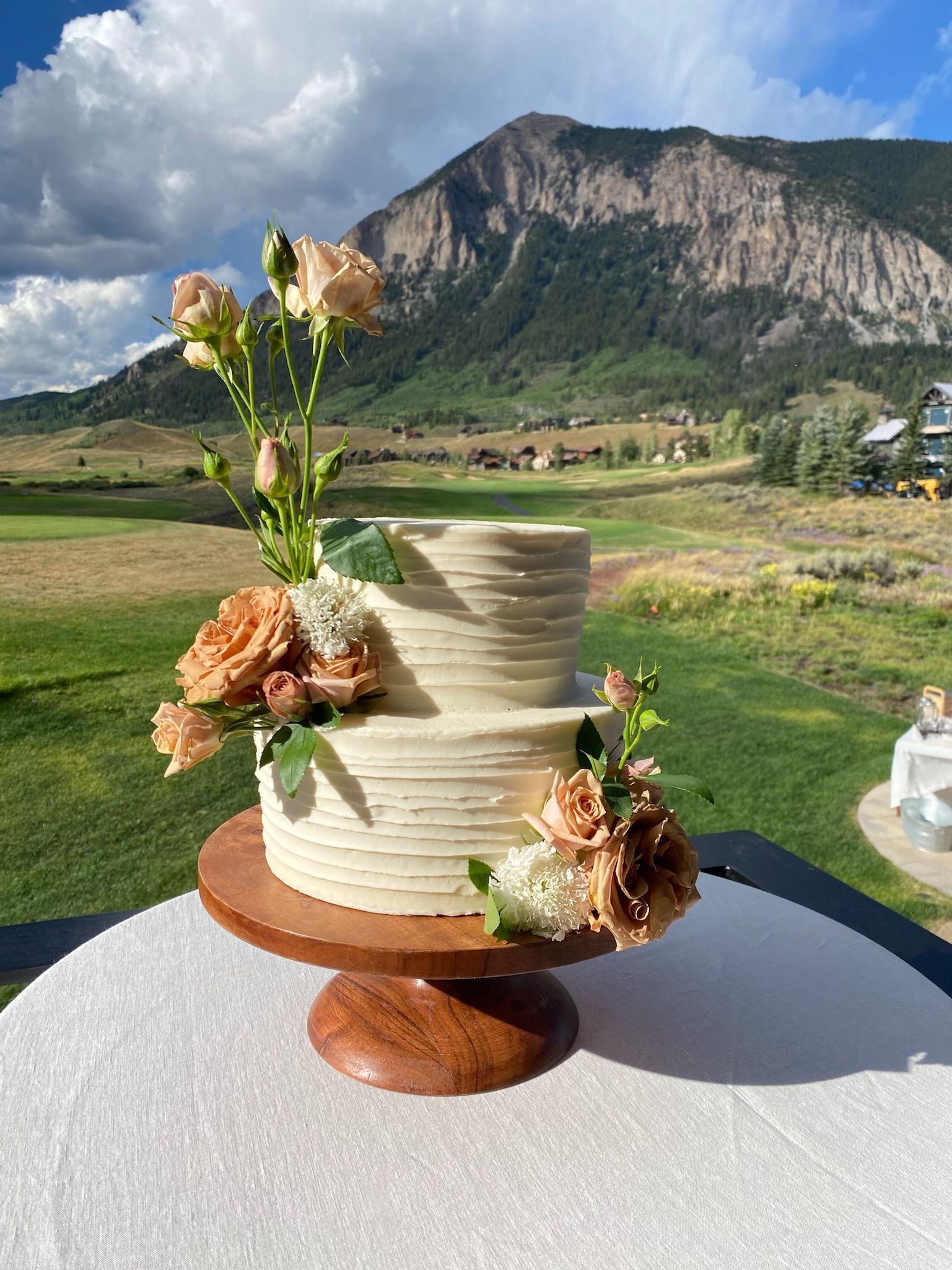 A wedding cake with flowers on top of it is sitting on a table in front of a mountain.