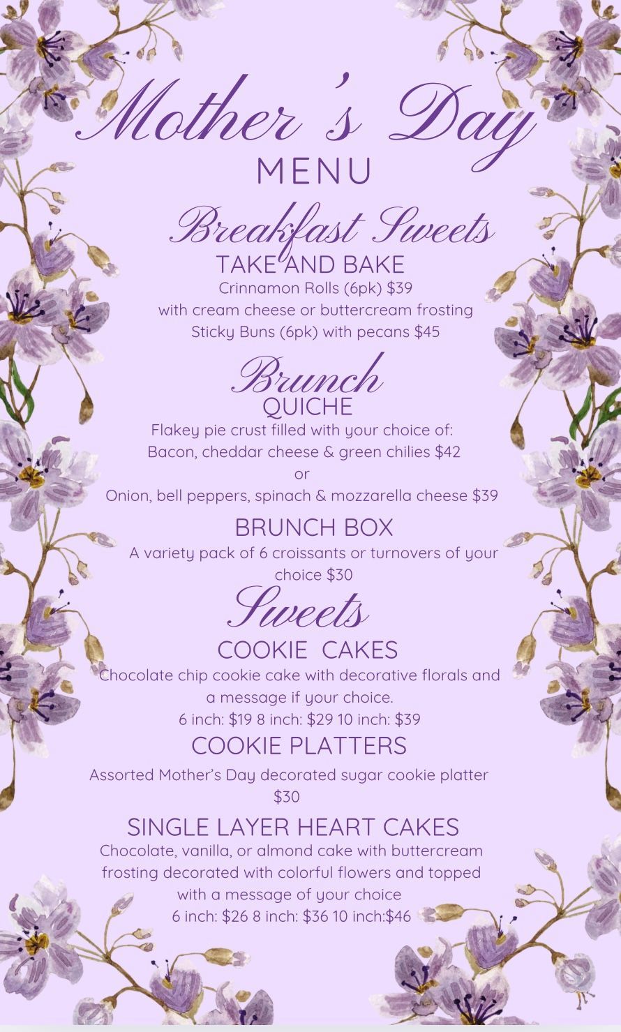 A mother 's day menu with purple flowers on it