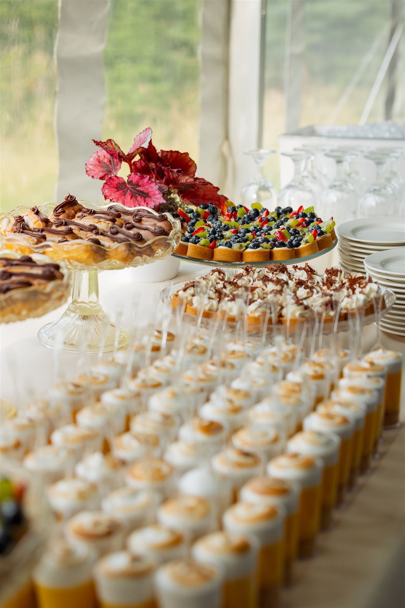 Dessert buffet with rows of small cups, pastries, and colorful fruit tarts on a table