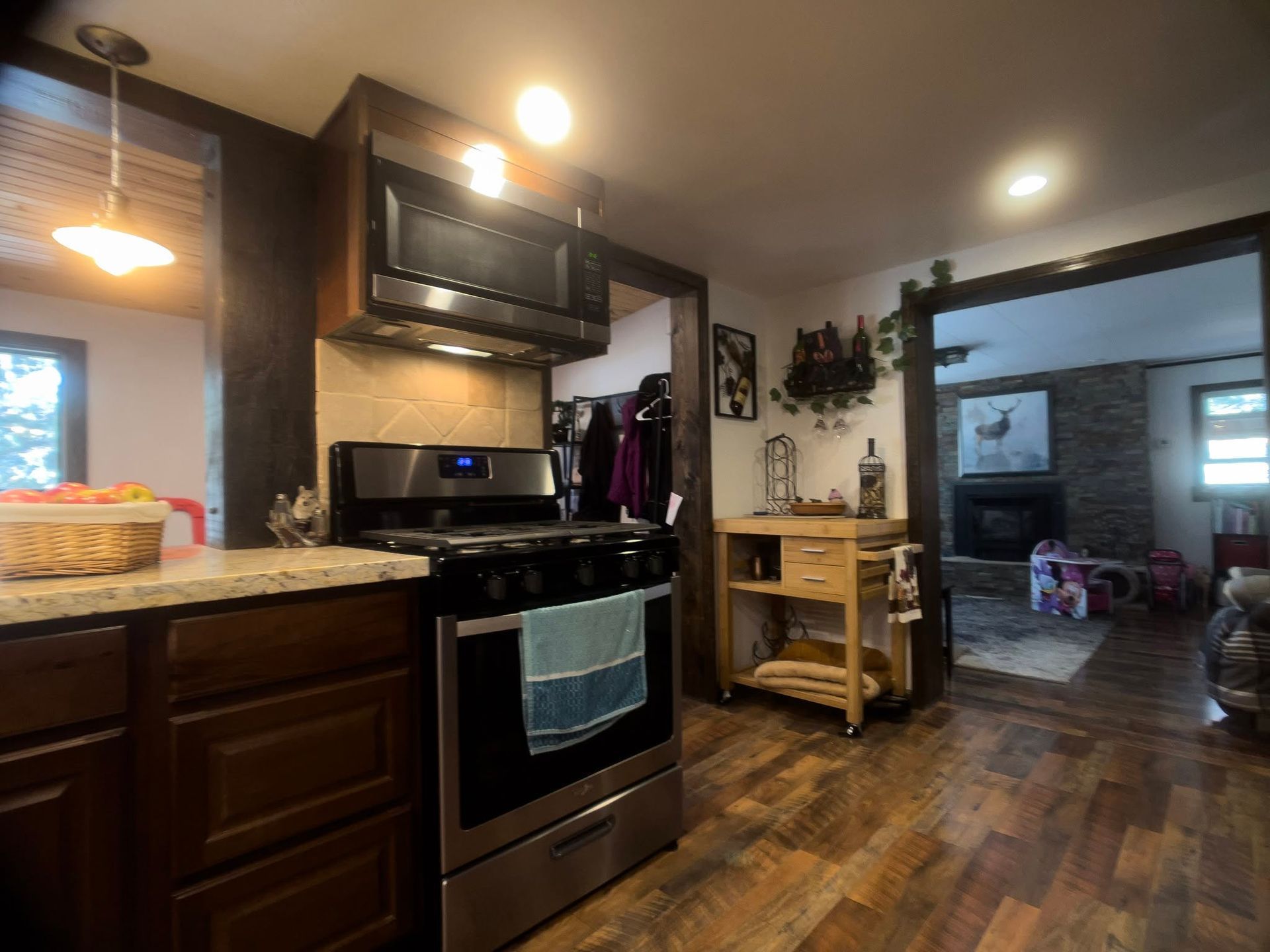 Small kitchen with dark cabinets, stove, wood flooring, and an open doorway to a living room.