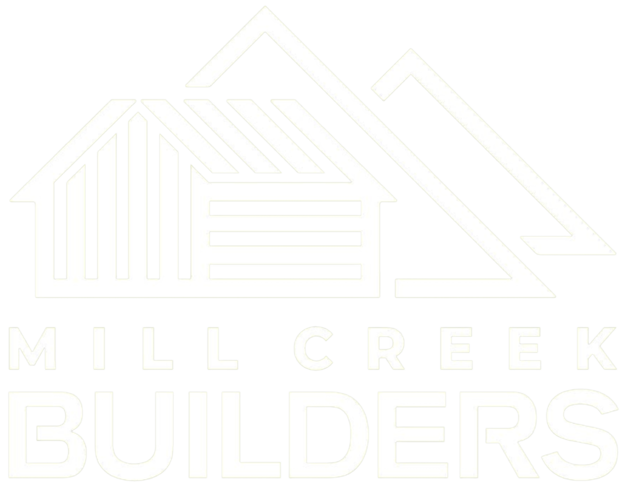 Faint white Mill Creek Builders logo with house outline and text on a light background