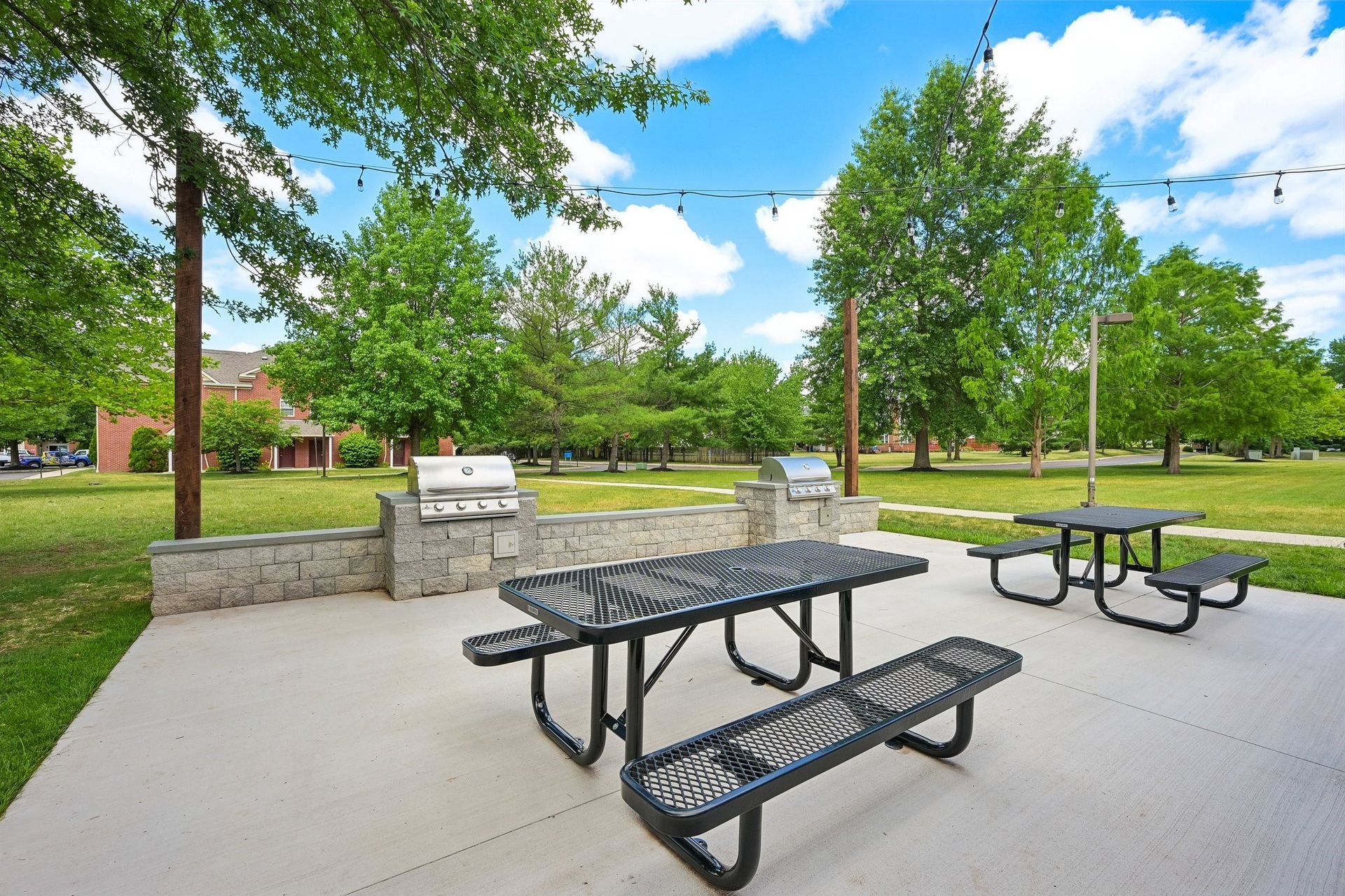 picnic area with metal tables, grills, and trees on a sunny day
