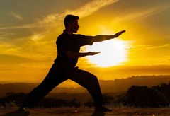A man is practicing martial arts at sunset.