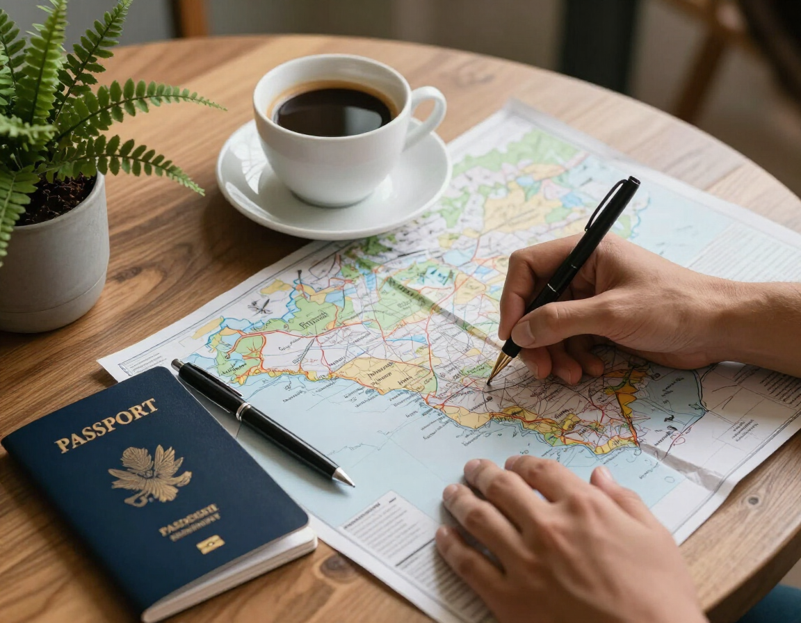 Manos marcando destinos en un mapa de viaje