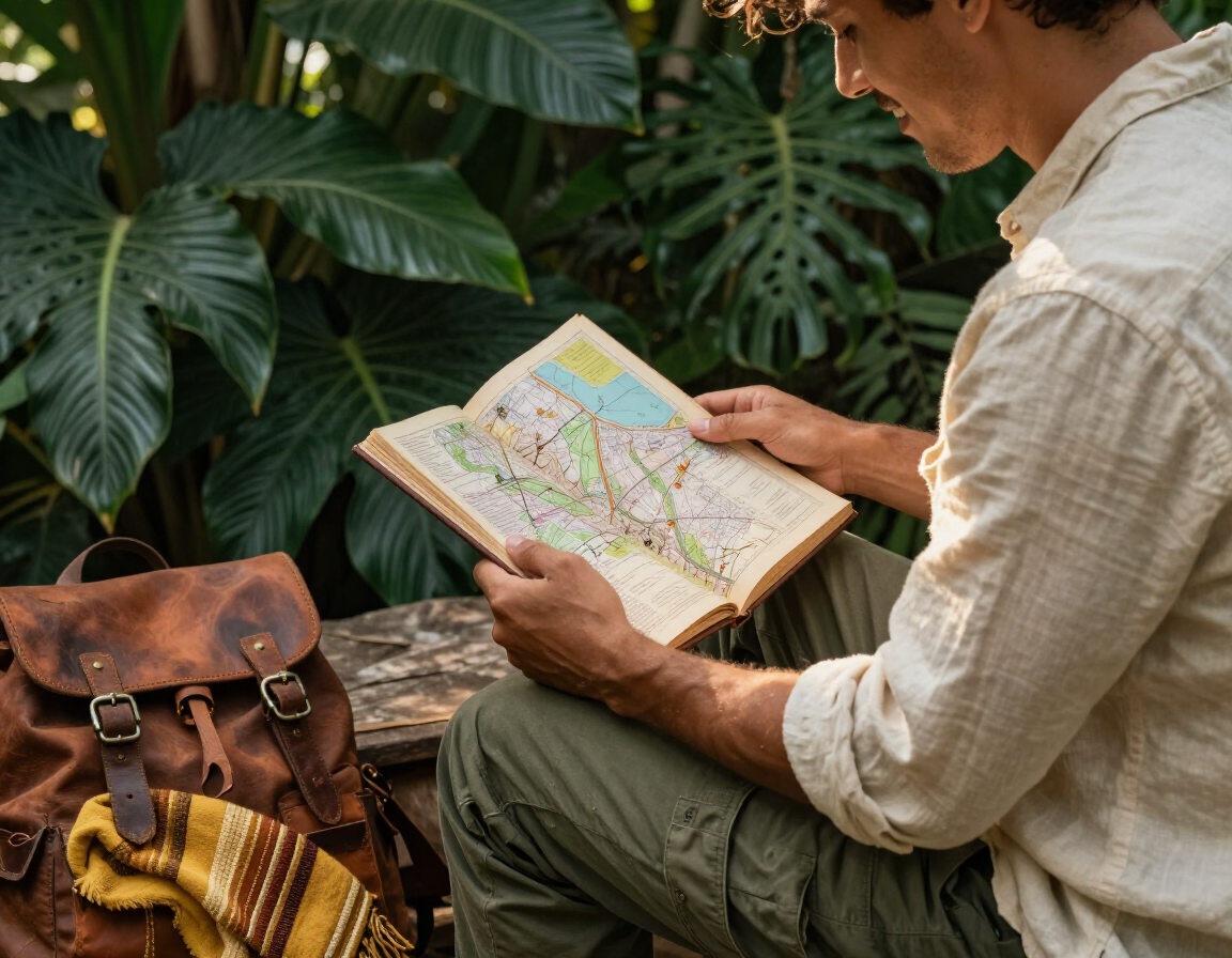 Viajera revisando una guía de viaje junto a mapas