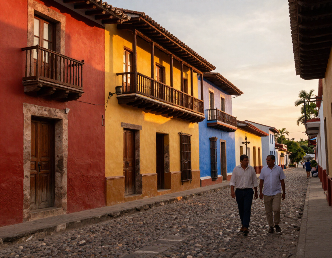 Calle histórica en un destino colombiano con luz de atardecer