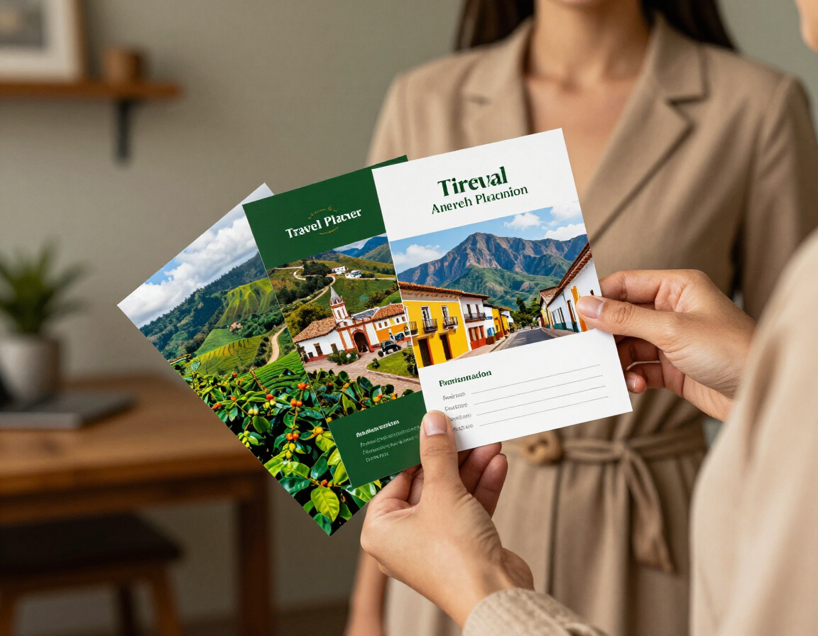 Planner sosteniendo tarjetas de itinerarios personalizados con paisajes colombianos