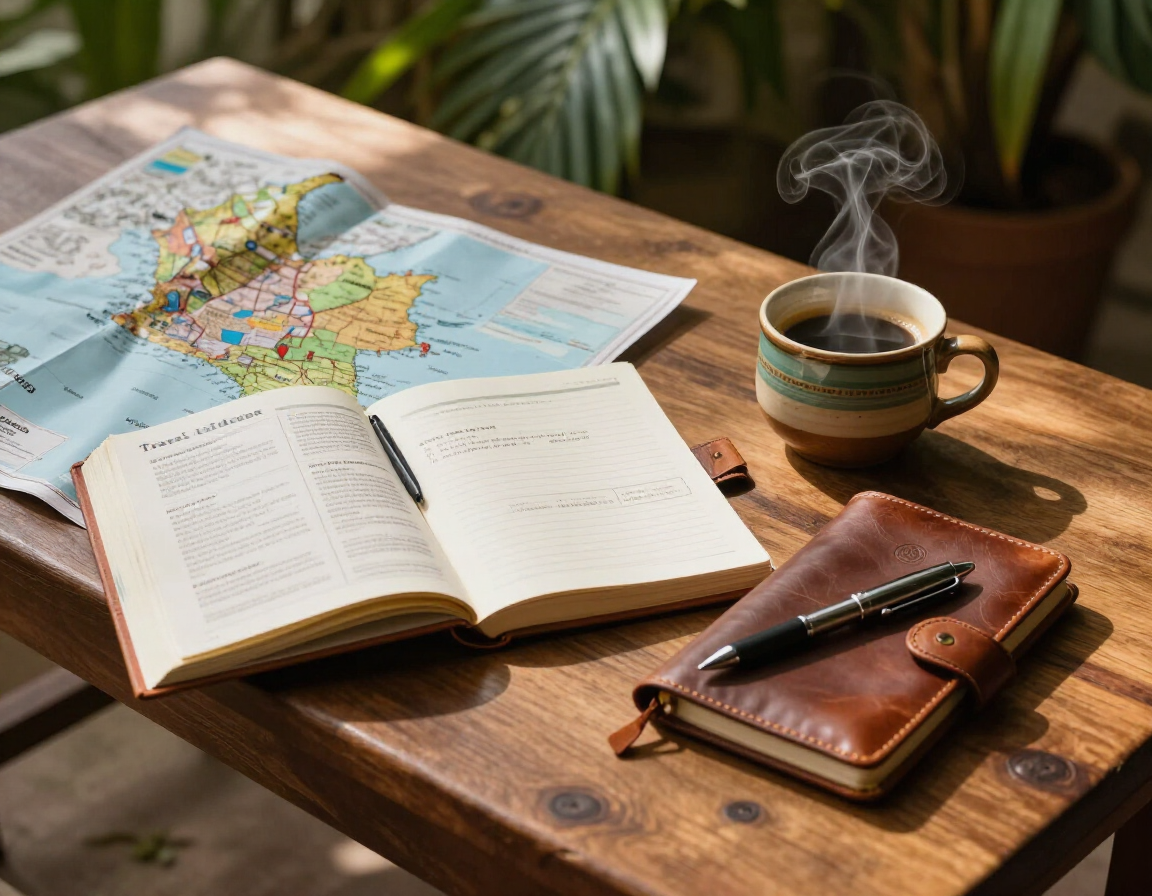 Mesa editorial con guía de viaje, mapa y libreta en tonos cálidos