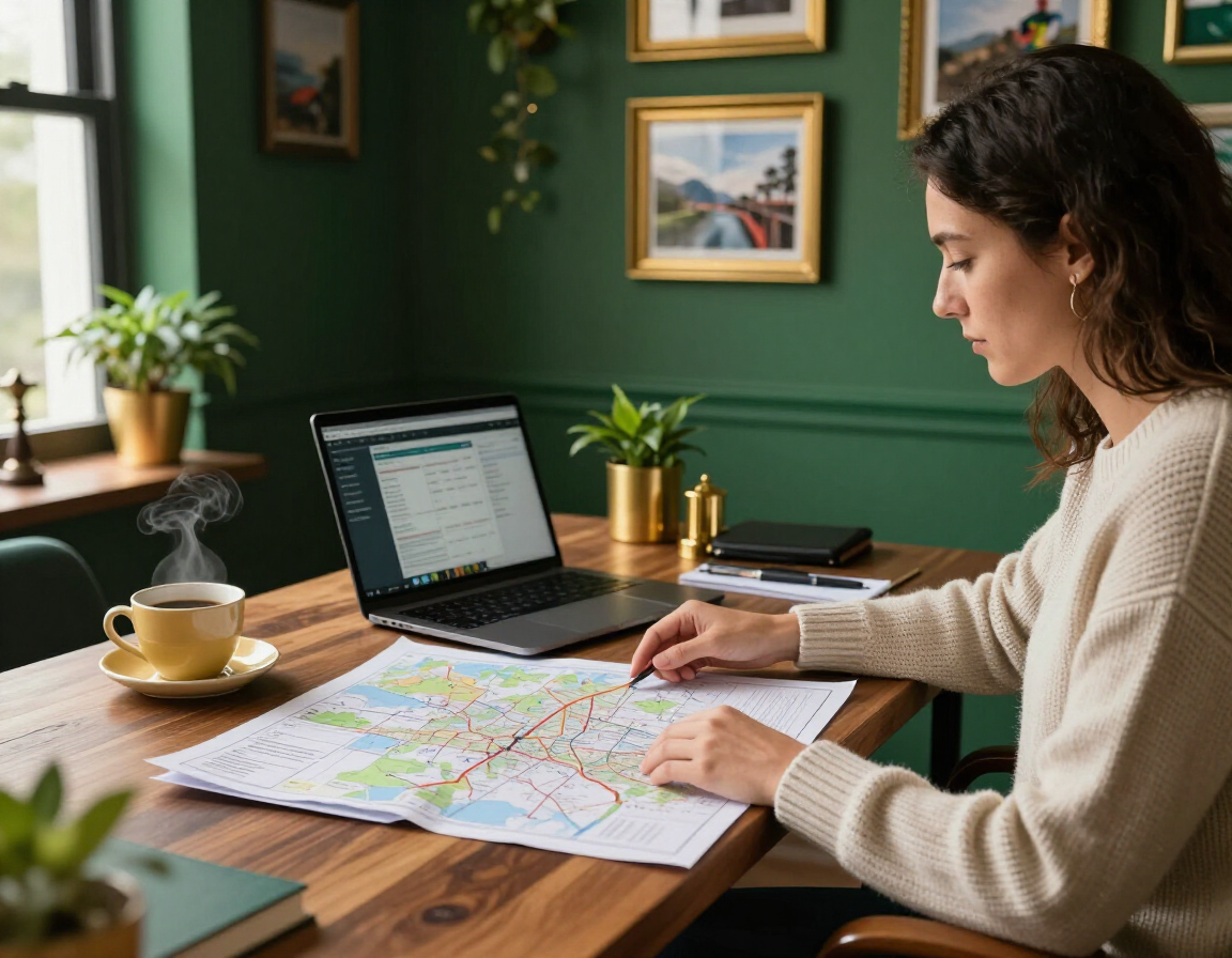 Asesor de viajes revisando un itinerario y un mapa sobre el escritorio