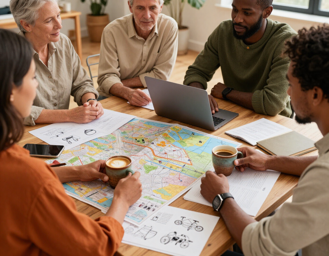 Grupo pequeño planificando un viaje con mapas