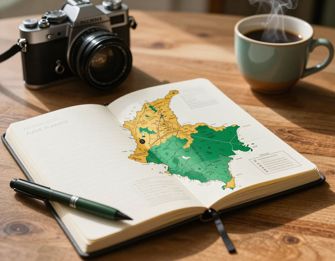 Mesa de planificación de viaje con mapa, libreta y café