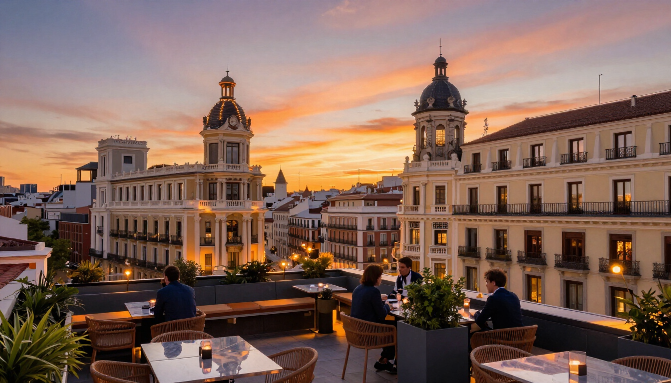 Vista panorámica de Madrid desde una terraza elevada al atardecer