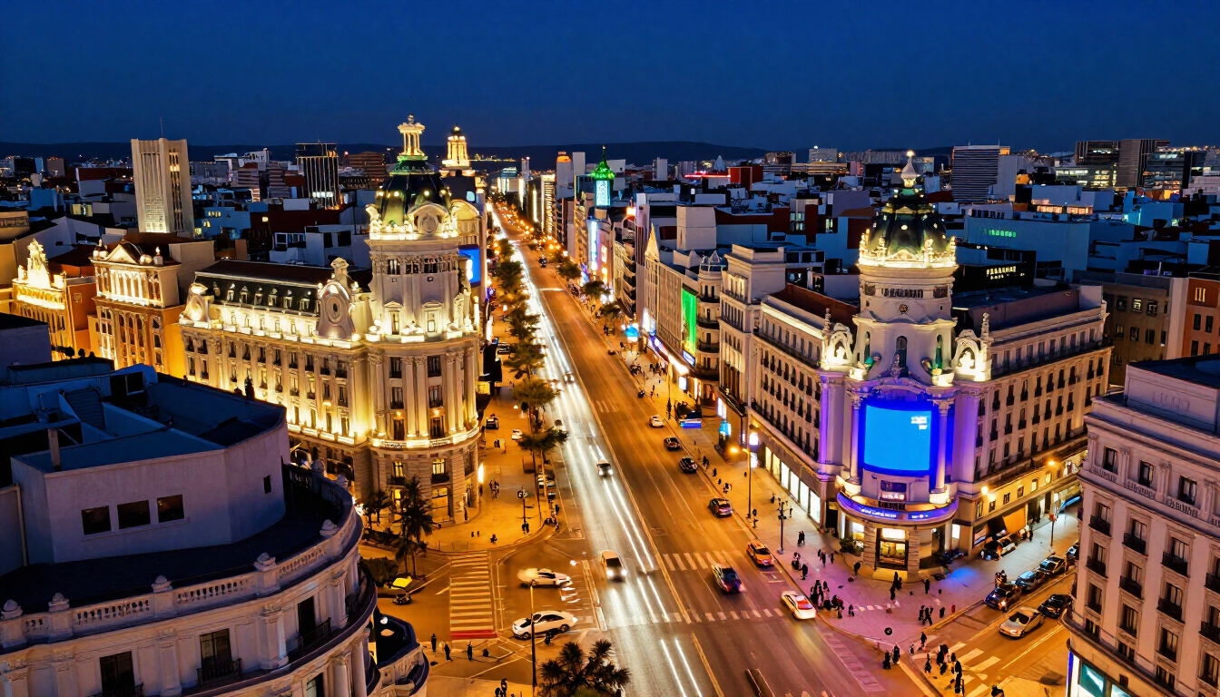 Vista nocturna de la Gran Vía desde un rooftop