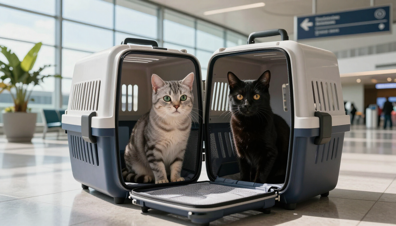 Gatos viajando en transportadora en el aeropuerto