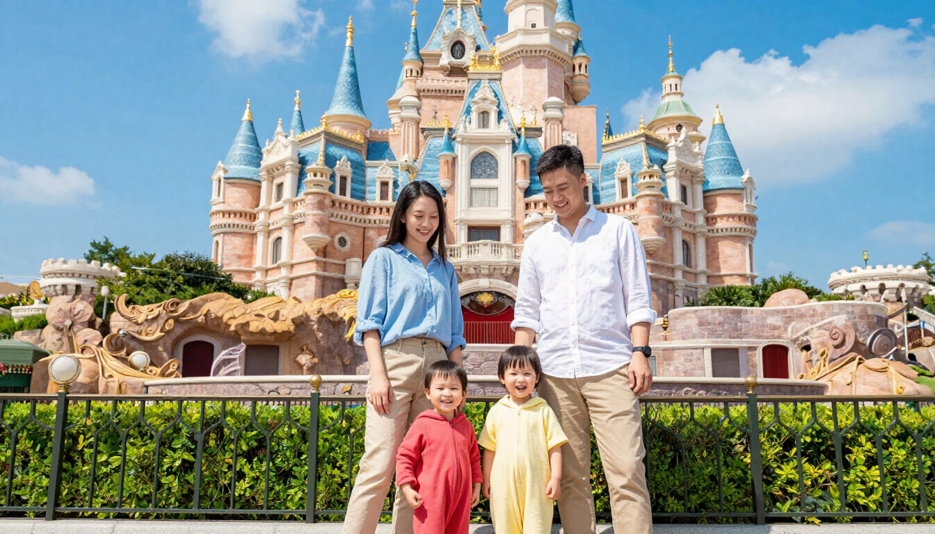 Familia feliz disfrutando de los parques temáticos de Orlando con niños pequeños