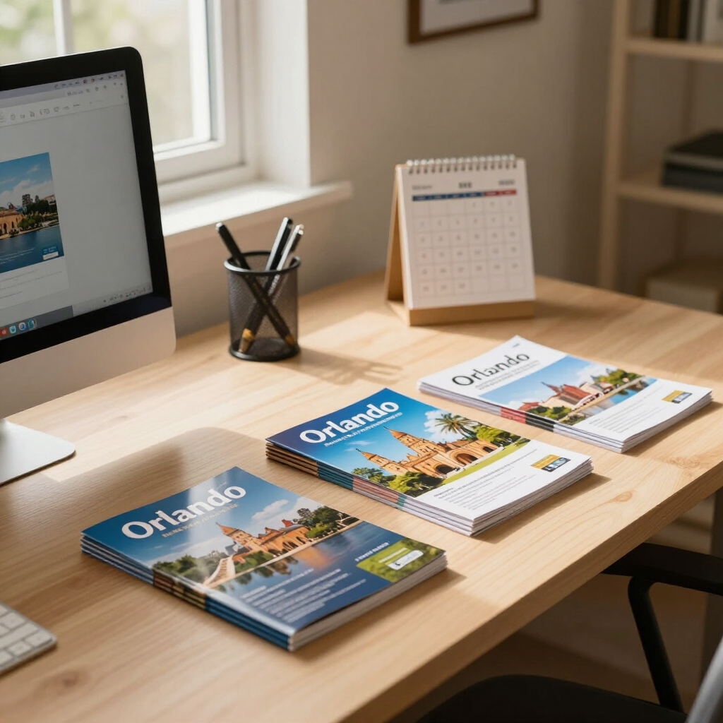 Travel brochures and a desk calendar on a wooden table beside a computer in a bright office.