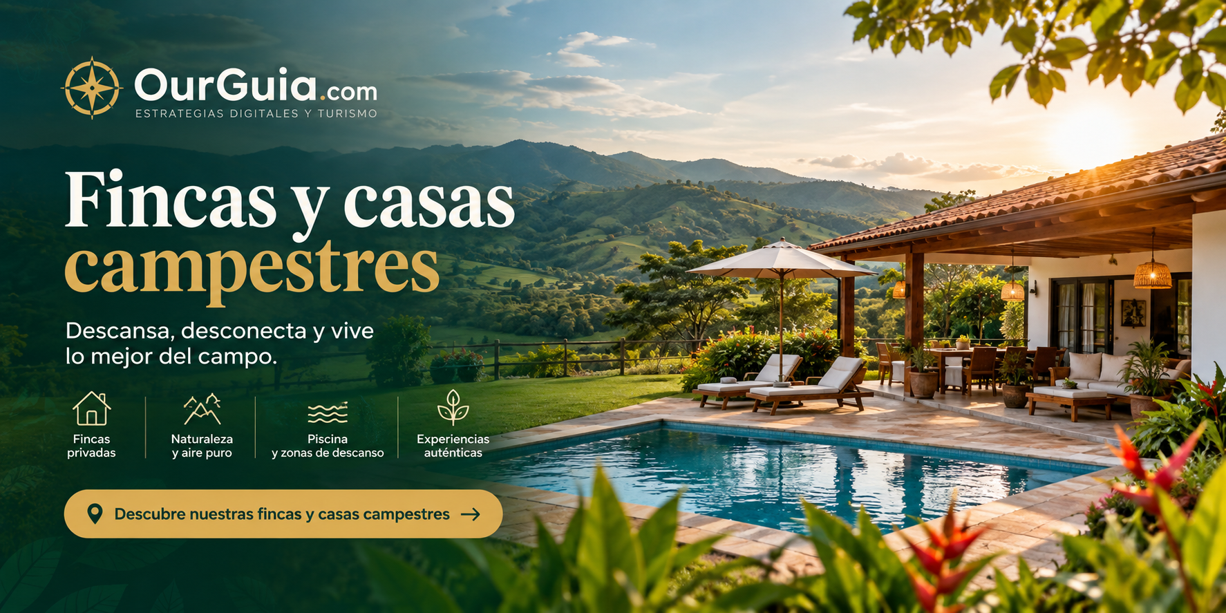 Luxury villa with pool and mountain view for vacation rentals, in green countryside at sunset