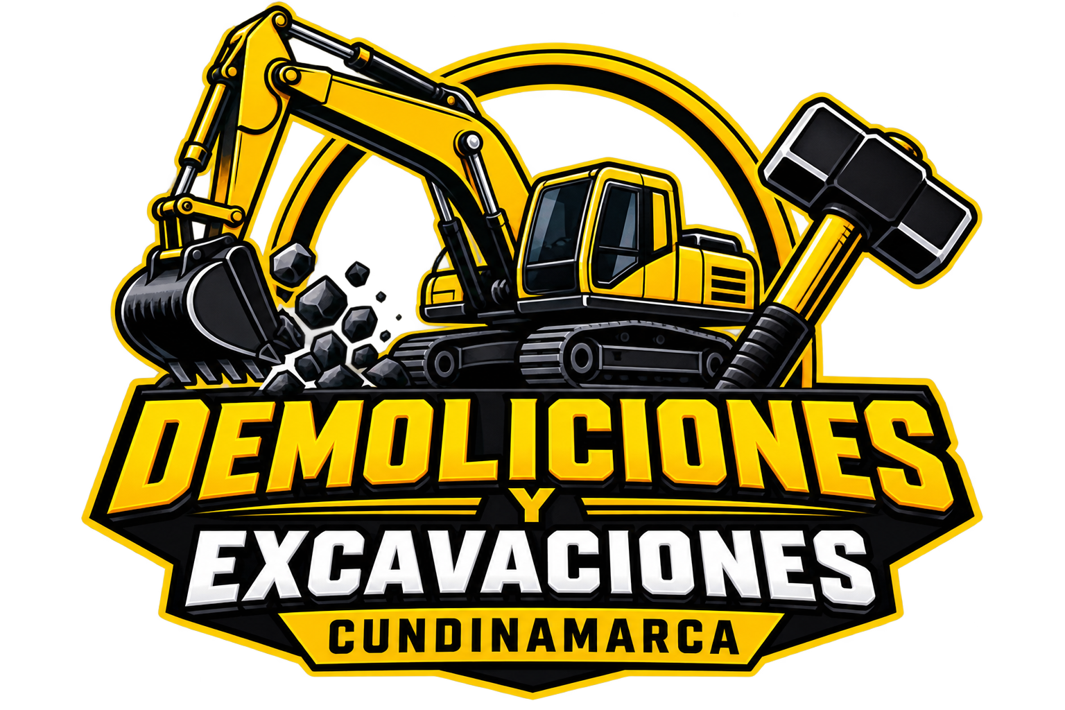 Logo de Demoliciones Excavaciones Cundinamarca con excavadora amarilla y fondo negro y amarillo