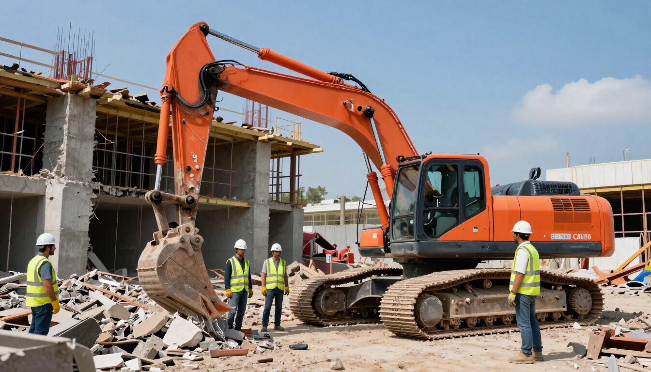 Una excavadora naranja retira escombros en una obra de construcción con trabajadores con chalecos de seguridad cerca.