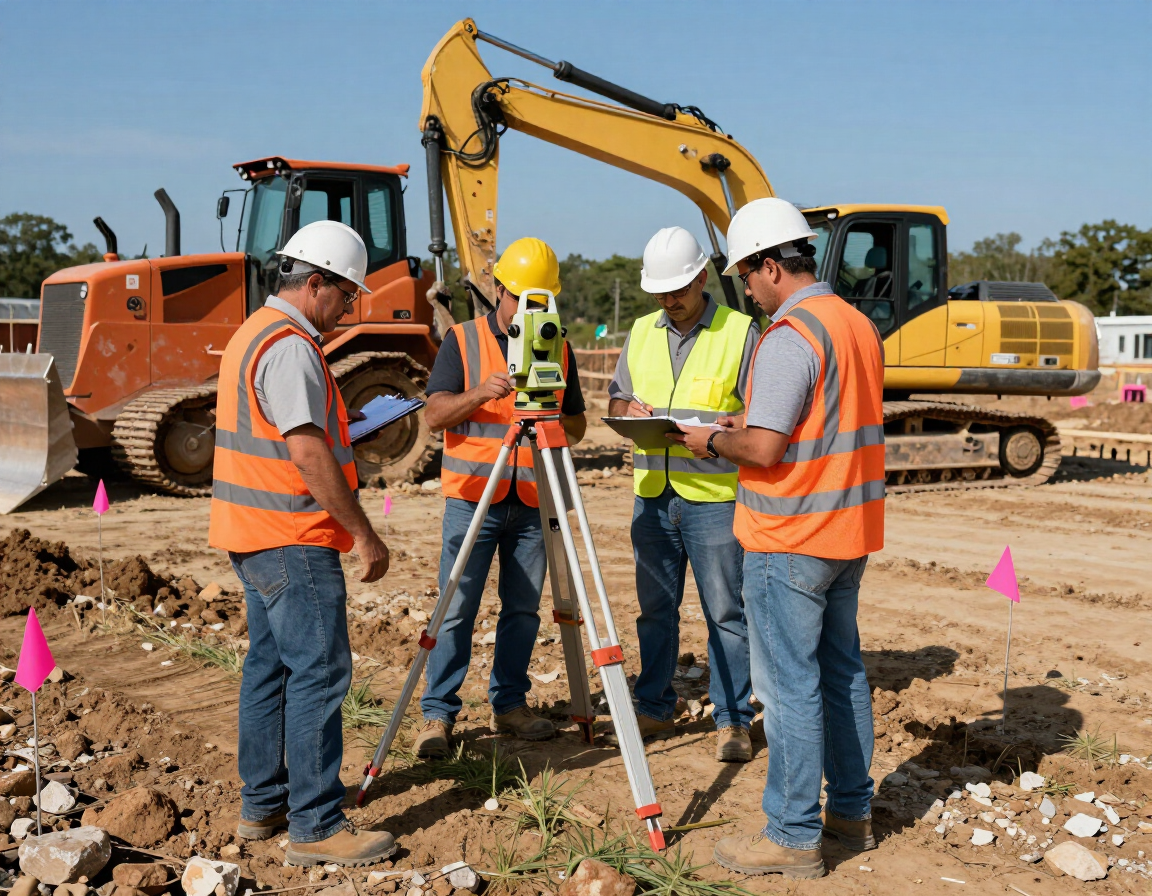 Obreros de la construcción con chalecos naranjas inspeccionan un terreno con un nivel de trípode y excavadoras al fondo.