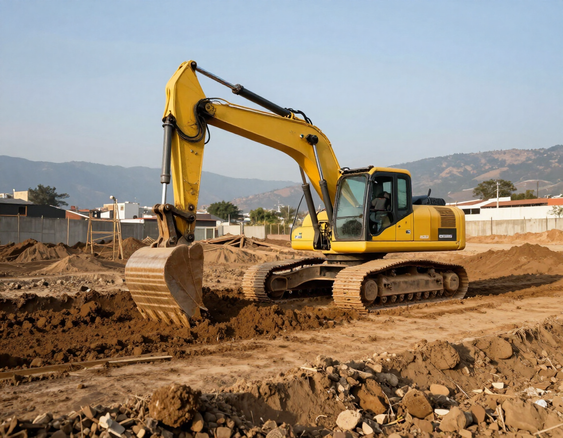 Excavadora amarilla excavando en un terreno de construcción con colinas al fondo.
