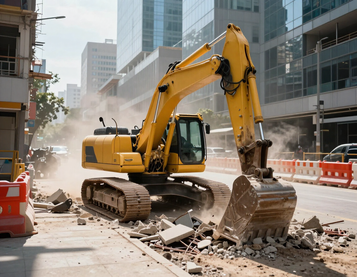 Una excavadora amarilla retira escombros en una calle de la ciudad, junto a edificios modernos y barreras naranjas.
