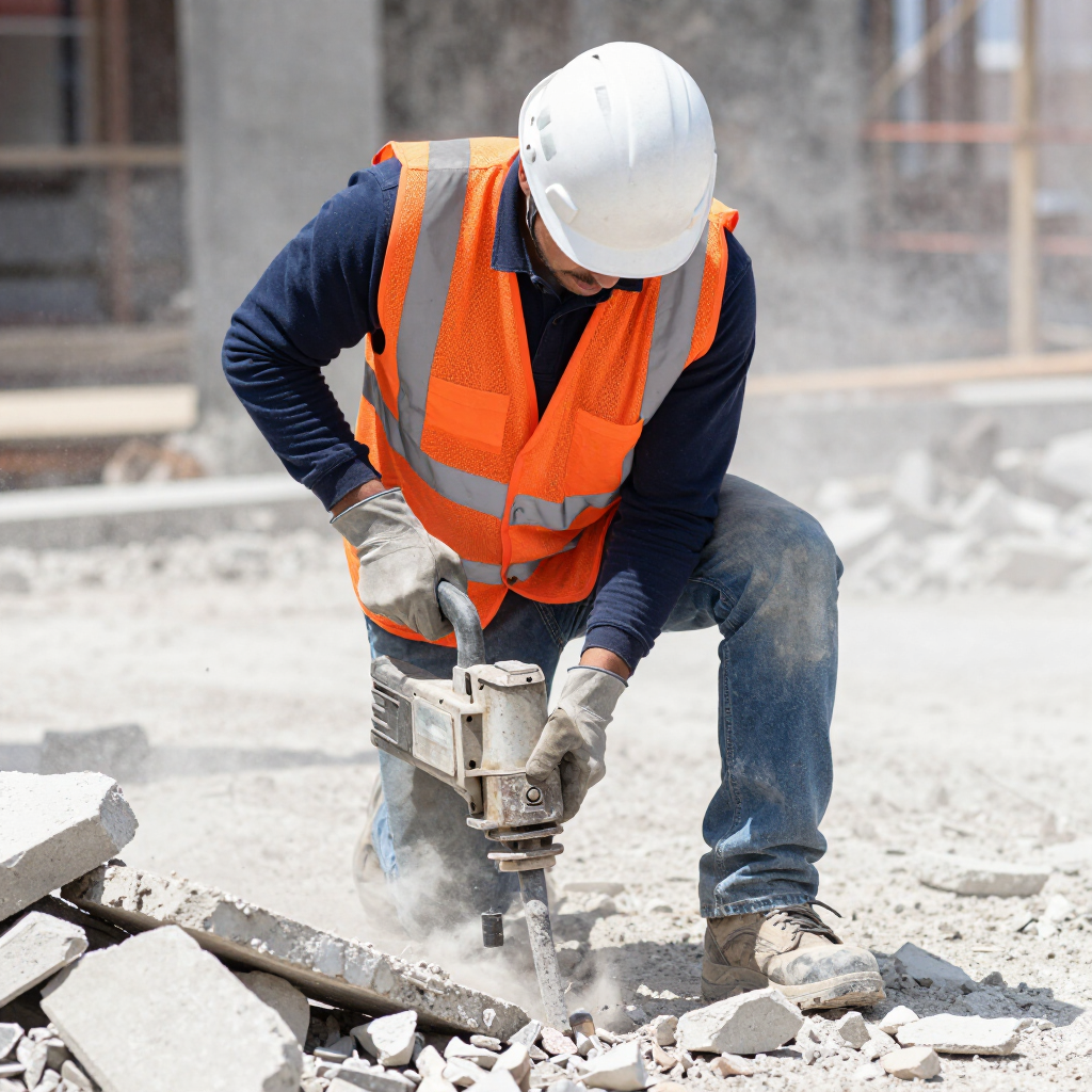 Trabajador de construcción realizando demolición manual con precisión