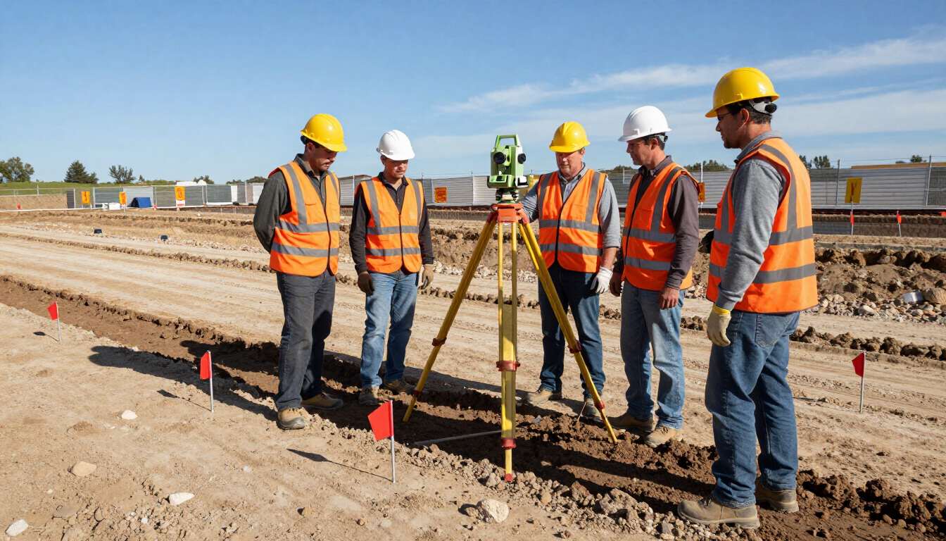 Un equipo de construcción, con cascos y chalecos de seguridad, inspecciona un terreno baldío con equipo de topografía.