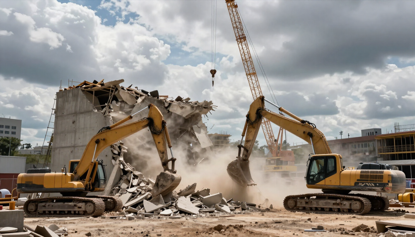 Dos excavadoras demuelen un edificio de hormigón, levantando polvo bajo un cielo nublado.