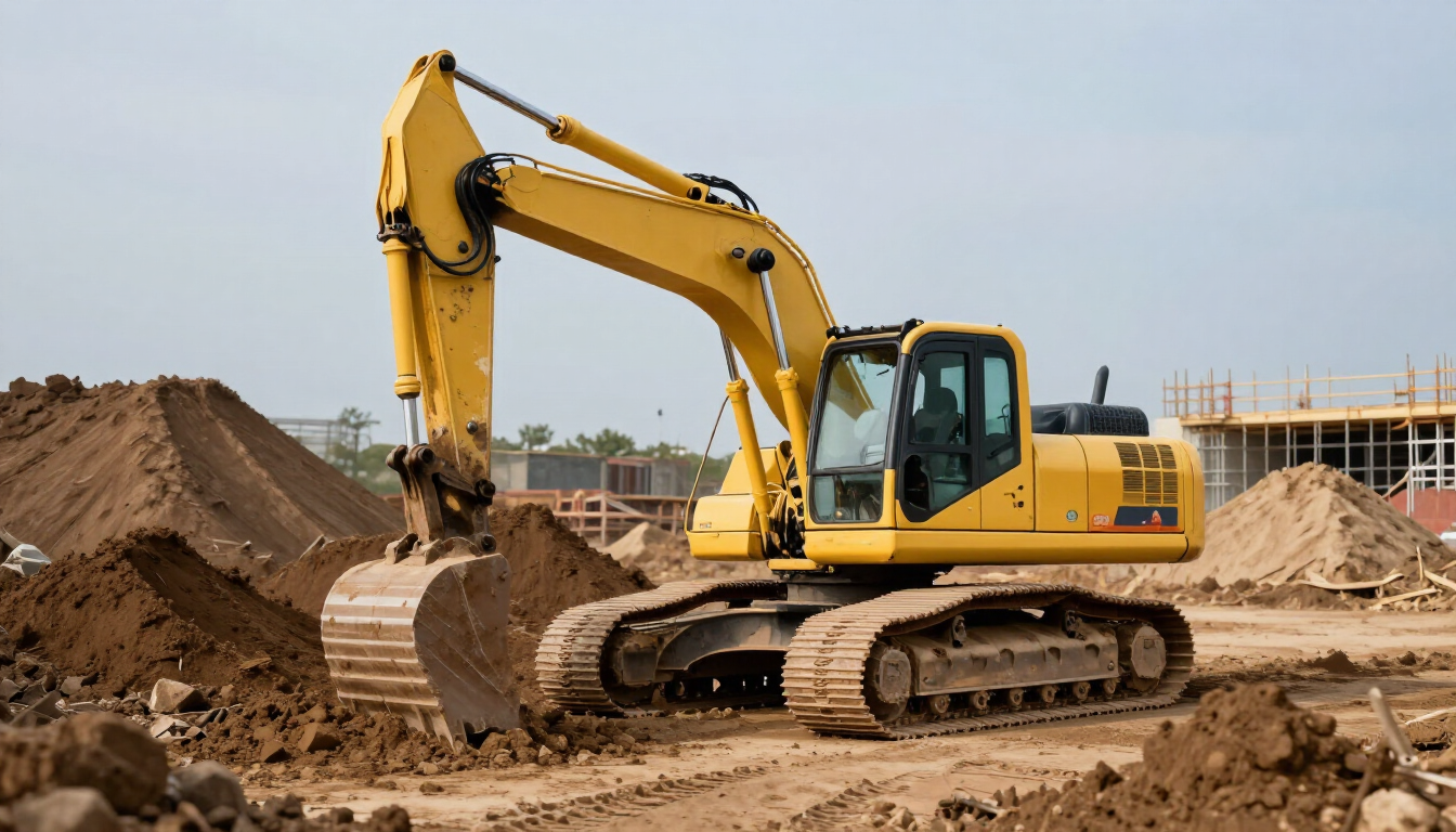 Excavadora amarilla excavando en un terreno de construcción con montones de tierra cerca.