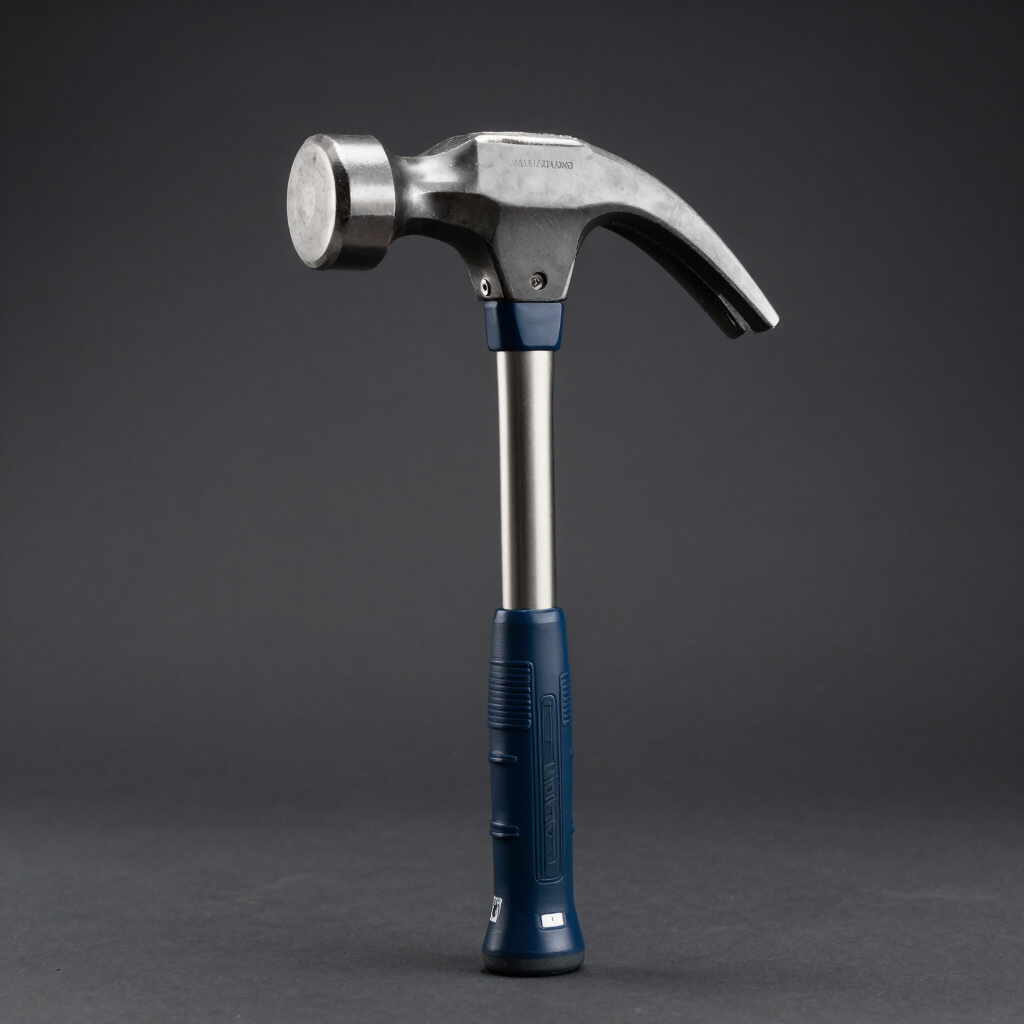 Martillo de garra plateado con mango azul sobre fondo oscuro