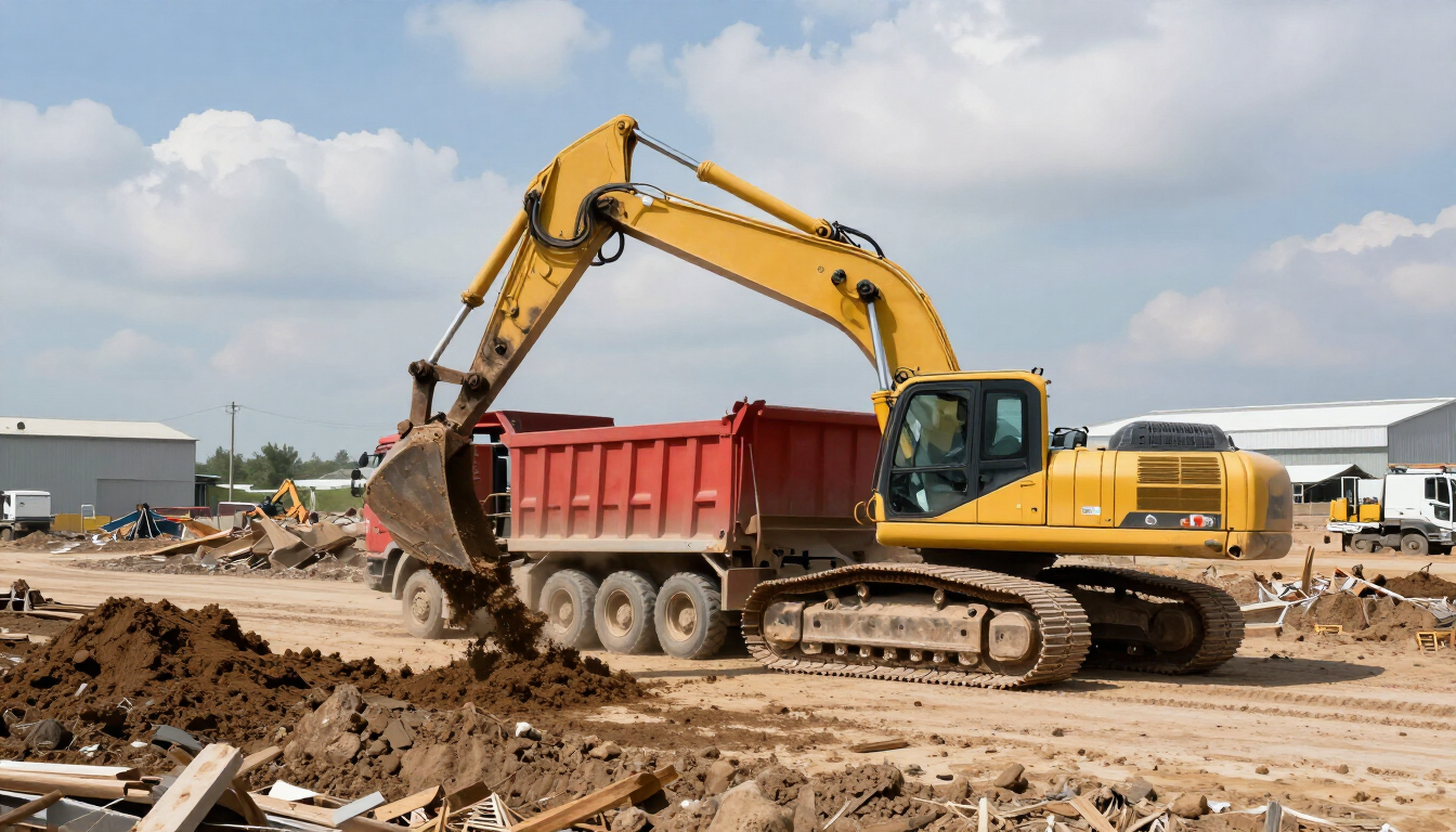 Excavadora amarilla cargando tierra en un camión volquete rojo en una obra de construcción.