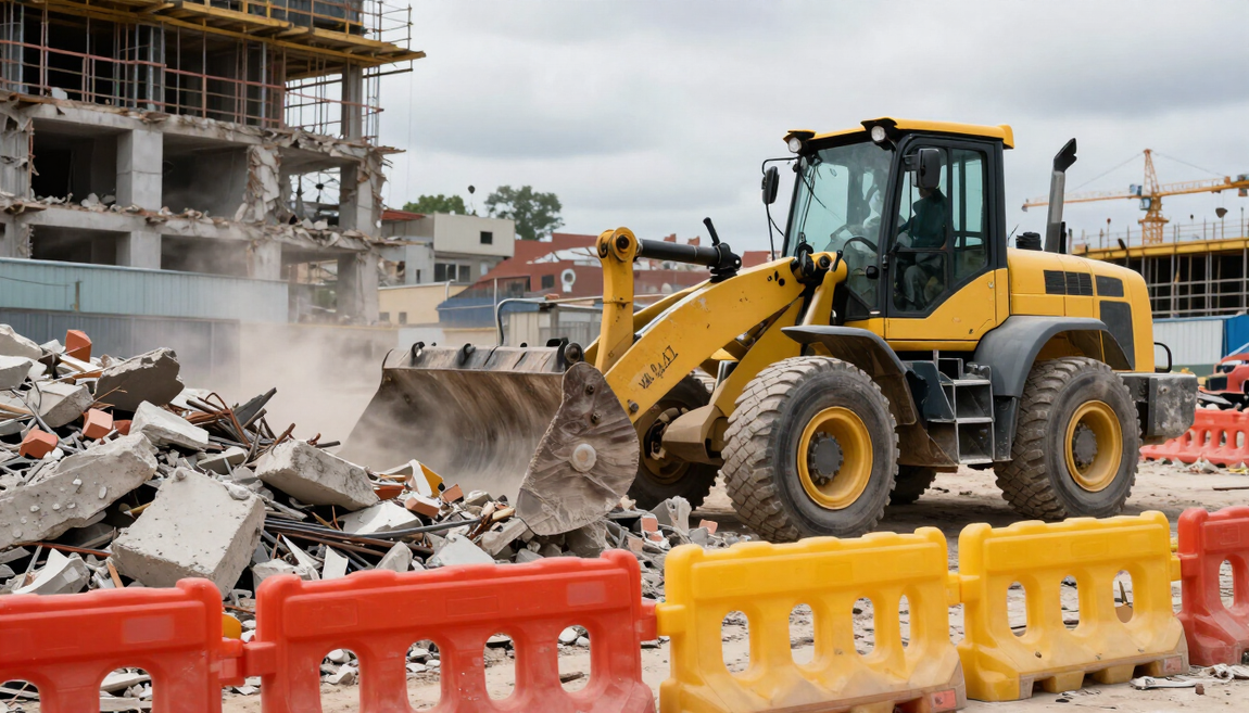 Una cargadora amarilla retira escombros en una obra de demolición con polvo y barreras naranjas.