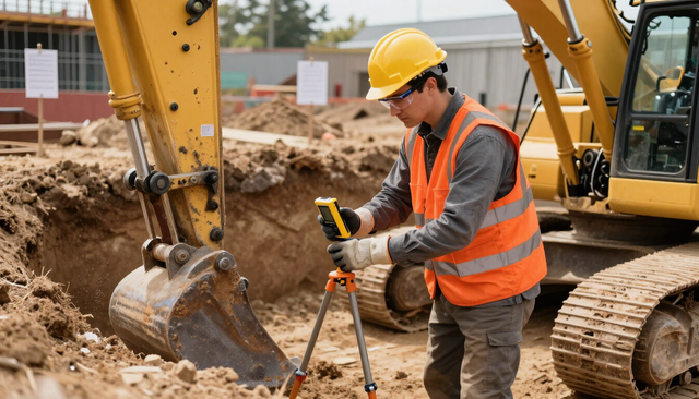 Obrero de la construcción con chaleco naranja y casco inspeccionando una zanja junto a una excavadora en una obra.