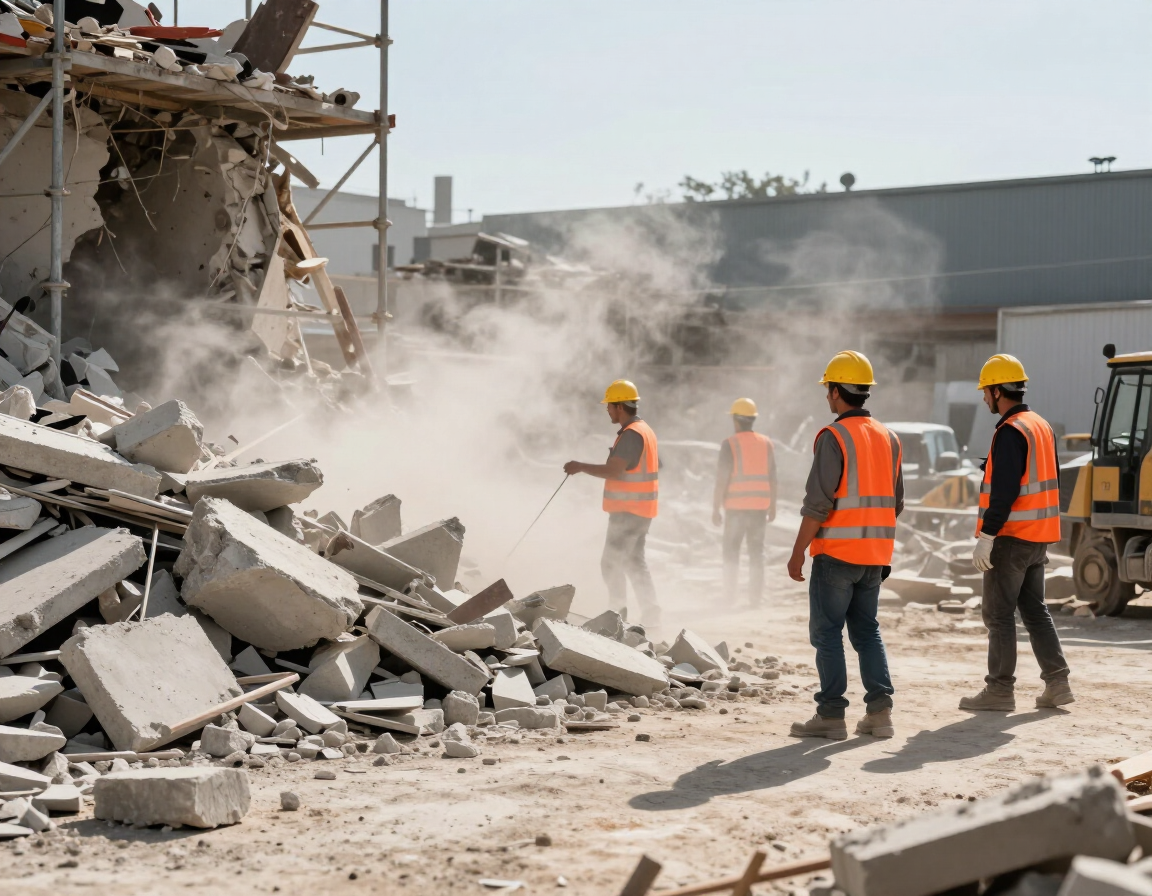 Obreros de la construcción con chalecos naranjas inspeccionan una polvorienta obra de demolición