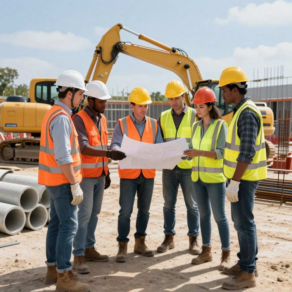 Un equipo de obreros de la construcción, con chalecos de seguridad y cascos