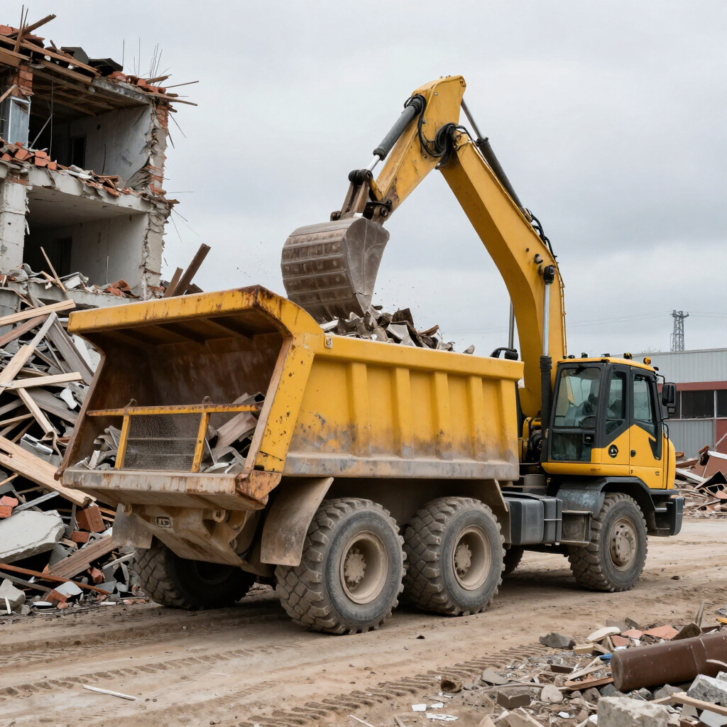 Excavadora amarilla cargando escombros en un camión volquete en una obra de demolición.